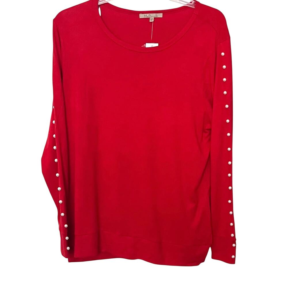 MY DANIELLE LONG SLV PULL-OVER ROUND NECK TOP, WOMENS, XXL, RED - WHITE PEARLS
